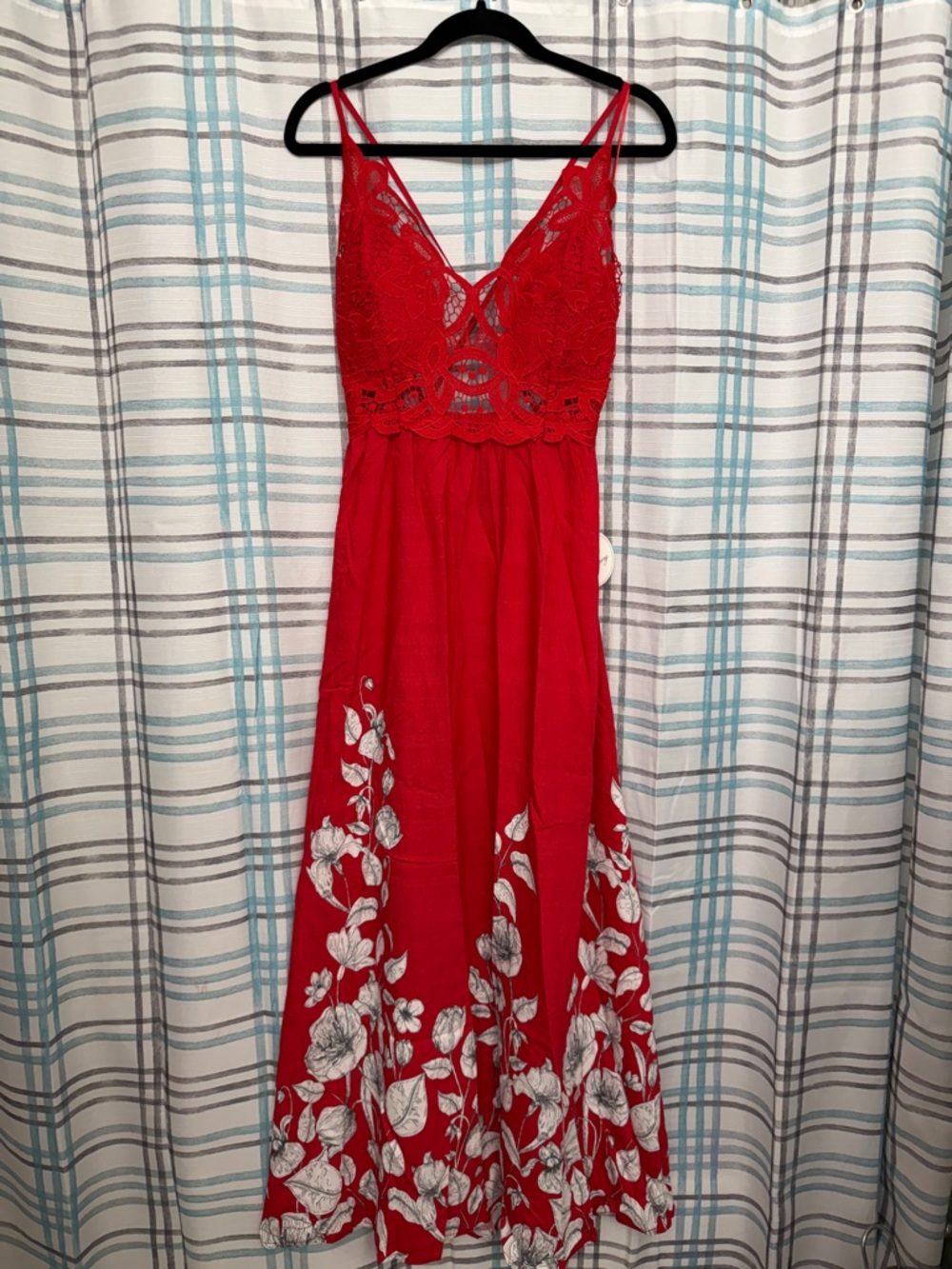 Red Lace Bodice Maxi Dress with White Floral Hem